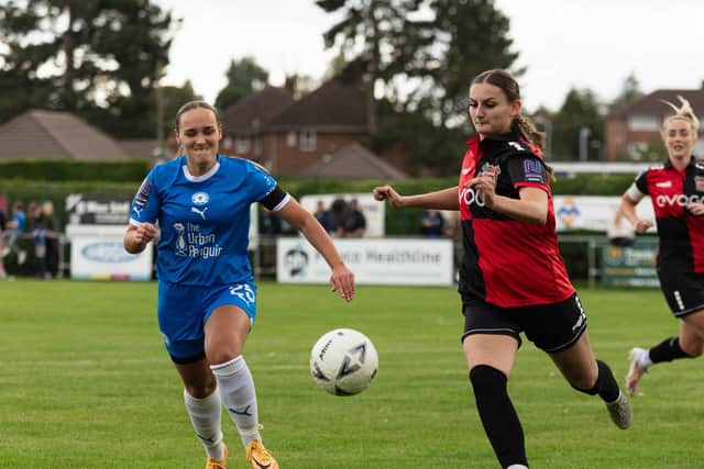 Zaiga Lacite (left) scored for Posh against Leafield. Photo Ruby Red Photography