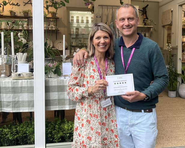 Sophie Allport and Jem Allport  with their five star award for the Sophie Allport trade stand at the Chelsea Flower Show 2024.