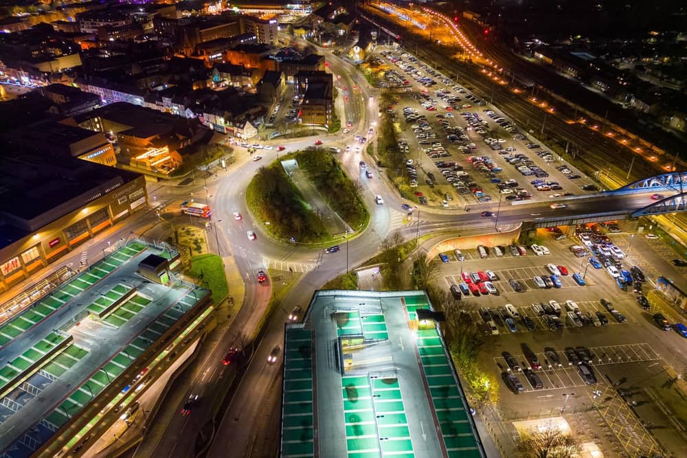 Even the Queensgate roundabout looks impressive at night from above.