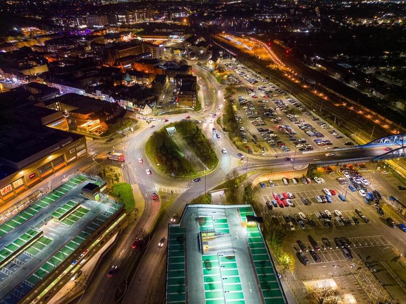 Even the Queensgate roundabout looks impressive at night from above.