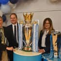 Mayor Cllr Alan Dowson at the Barclays Community site at the ICA Centre, Fletton, with Lorna Humphrey, the site lead, Craig Ward, customer care manager and Rasa Pienaar the Barclays Church Street branch manager and the Premiership Trophy.