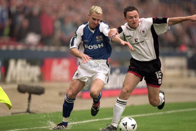 David Farrell in action for Posh against Darlington at Wembley in May, 2000. Photo Gary Prior PA.