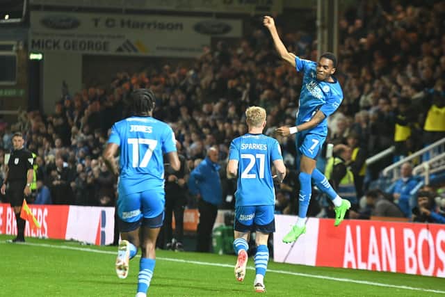 Malik Mothersille celebrates a goal for Posh v Blackpool. Photo David Lowndes.
