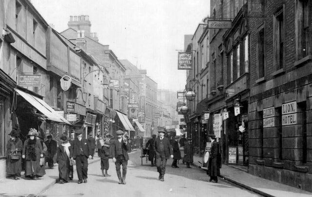 A superb image looking up Narrow (Bridge) Street from alongside the Golden Lion Hotel on the right. Probably dating to the first decade of the 1900s. The Grand Hotel on the left, halfway up the street, would be approximately where WH Smith would be today (image: Peterborough Images Archive)