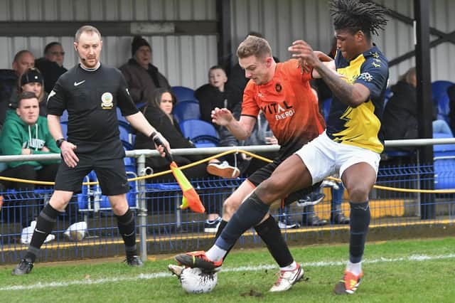 Action from Peterborough Sports' (orange) superb win over Kidderminster Harriers. Photo: David Lowndes.