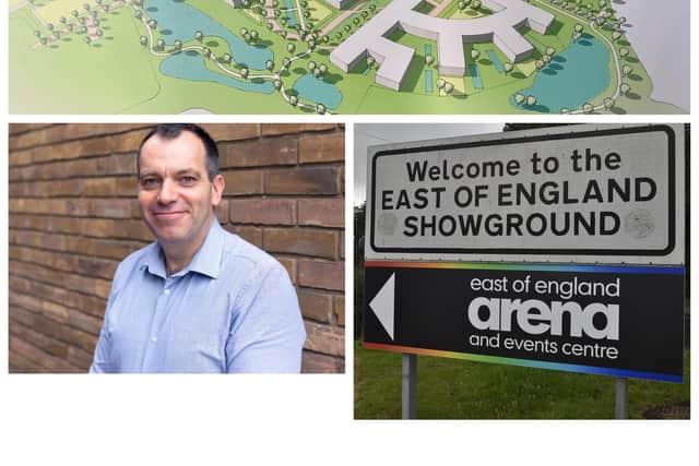 This image shows the layout of the proposed home and leisure village development on the East of England Showground and Ashley Butterfield, chief executive of AEPG.