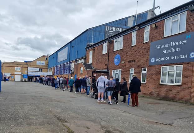 Posh fans queuing for Sheffield Wednesday tickets on Monday morning. Photo: Ben Jones