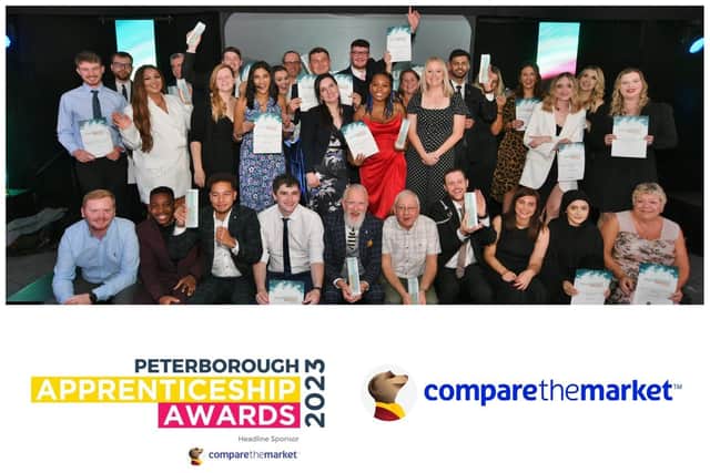 The winners of last year's Peterborough Apprenticeship Awards; the Peterborough Apprenticeship Awards 2023 logo; and the logo of awards sponsors, Compare the Market