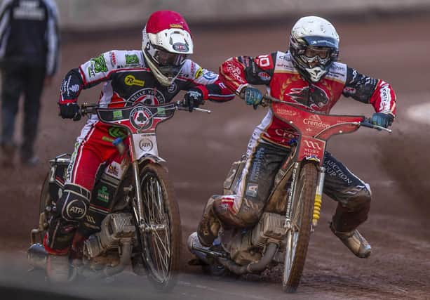 Richie Worrall (left) in action for Belle Vue against Panthers in 2021. Photo: Taylor Lanning.
