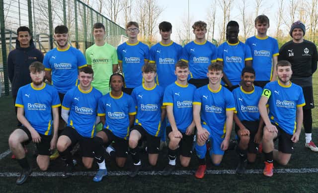 Peterborough Regional Talent Centre U18s team before an excellent League Cup win over Holbeach, back row left to right, Tyrell Cambridge, Marcos Da Silva, Kristians Eizenbarts, Jamie White, Colbey Ring, James-Dean Wisby, Nfamara Njie, Harley Tether and Anthony High, front, Joshua Houchen, Owen Hill, Isaac Resende, William Robinson, Daniel Ward, Robbie Magan, Umair Khan and Blaze Snell. Photo: David Lowndes,
