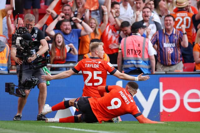 Joe Taylor celebrates what he tought was a winning goal for Luton Town against Coventry in the Championship Final at Wembley. Photo by Richard Heathcote/Getty Images.