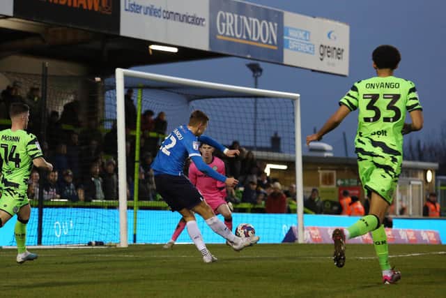 Hector Kyprianou scores the second goal of the game against Forest Green Rovers. Photo: Joe Dent.