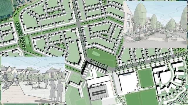 This image shows the proposed layout of the leisure village and homes for the East of England Showground site and views of how the development might appear once completed.