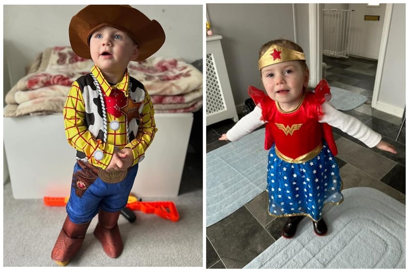 Trilene Harley's two-year-old son Lewis (l) is surely in the running for cutest 'Woody' of the day, much like Kirsty Robinson's little girl (r), who looks as photogenic as can be in her Wonder Woman costume.