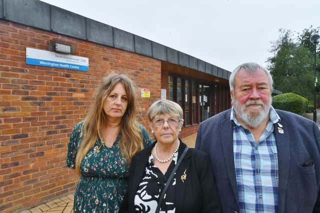 Cllr Sarah Hillier with Cllrs John and Judy Fox outside the health centre at Skater's Way, Werrington