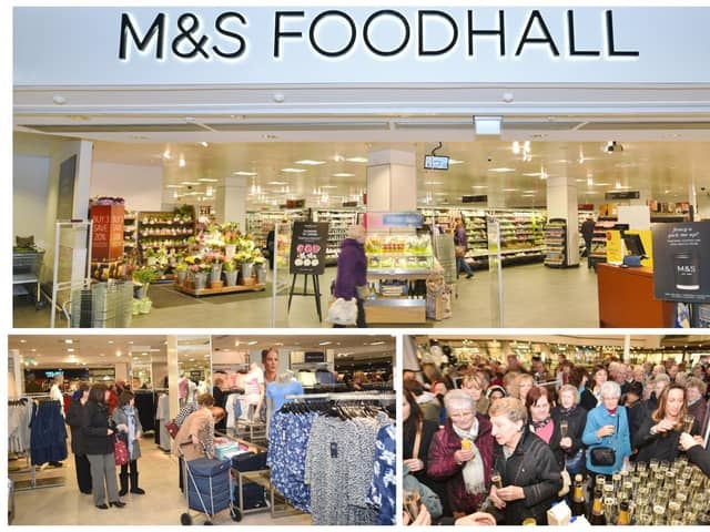M&S bosses are looking to close their store in Peterborough's Queensgate Shopping Centre just eight years after opening. This image shows the entrance to the M&S Foodhall, top, and the crowds of customers who flocked to the store's opening in 2016, below, right, and browsing through the clothing department, below, left.