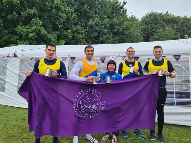 City's winning coxed four, from left, Alex Hughes, Will Kerry, Tracey Rushton-Thorpe (cox), Jonathan Ibbott and Joshua Seagrave. Photo: Sarah Watson