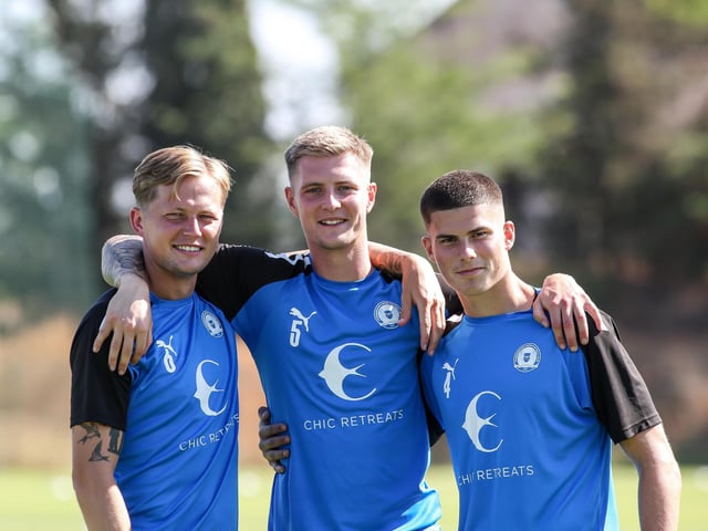 Frankie Kent, Josh Knight and Ronnie Edwards pose for a picture before the second training session on day 2 of the Portugal training camp. Photo: Joe Dent/theposh.com