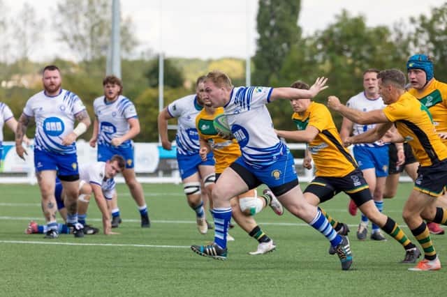 Dean Elmore on his way to scoring a try for Peterborough Lions against Bury St Edmunds. Photo: Mick Sutterby.