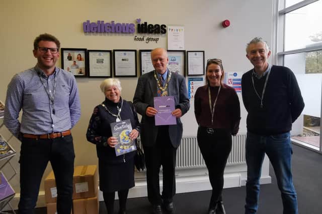 Frim left,: Nick Harding, Chief Operating Officer at Delicious Ideas, Cllr Bella Saltmarsh, Deputy Mayoress of Peterborough,, Cllr Nick Sandford, Deputy Mayor of Peterborough, Emma Smith, Technical Director, Jonathan Potter, chief executive of Delicious Ideas.