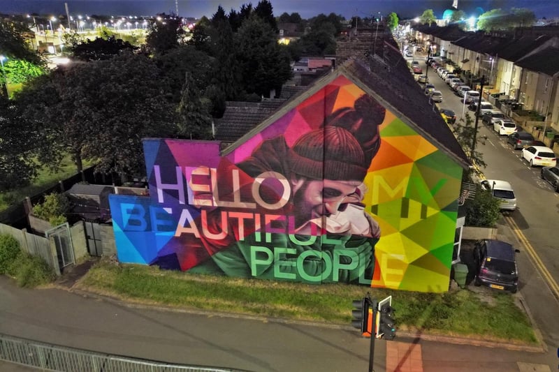 A great shot of Nathan 'Nyces' Murdoch's 'Hello my beautiful people' mural on the corner of Gladstone Street and Bright Street, near the junction with Bourges Boulevard.