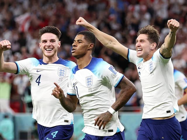 Marcus Rashford of England celebrates after scoring their team's first goal during the FIFA World Cup Qatar 2022 Group B match between Wales and England at Ahmad Bin Ali Stadium (Photo by Francois Nel/Getty Images)