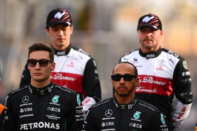 Mercedes teammates George Russell and Lewis Hamilton before the Bahrain GP. Photo: Clive Mason/Getty Images.