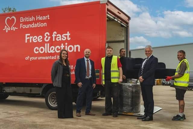 From left, Naomi Tickle, Rob Crossland, Ryan from The British Heart Foundation, John Anderson, Group Chief Executive at Allison Homes. Back row: Phillip Dance and Chris Machin