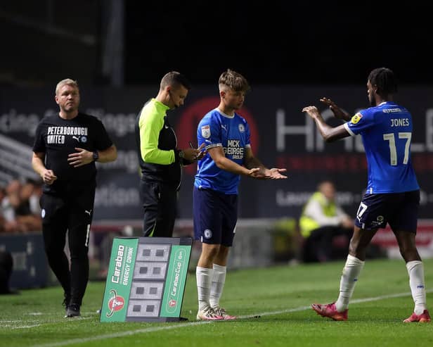 Gabe Overton (left) comes on for his Posh debut in August, 2022. Photo Joe Dent/theposh.com