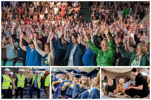 A year of success for the Inspire Education Group, which runs Peterborough College and University Centre Peterborough. Top, enjoying the Staff Conference and award ceremony; below left, spades in the ground as work starts on the Centre for Green Technology; centre, graduates celebrate exam success; and right, the College Nursery gets 'good' Ofsted report.