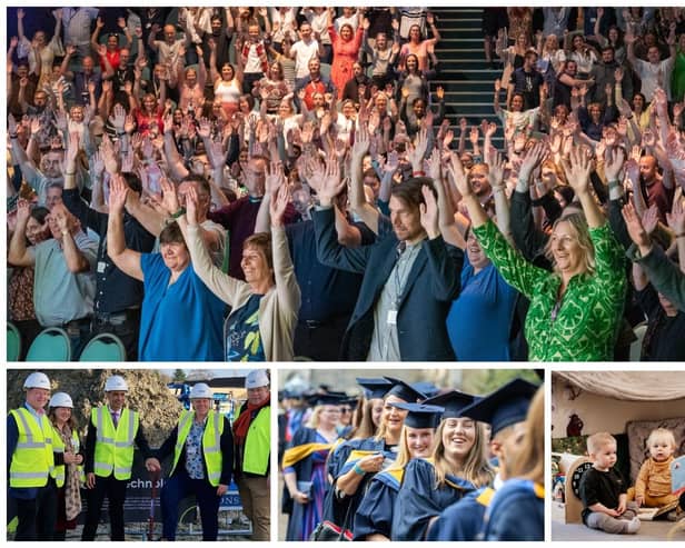 A year of success for the Inspire Education Group, which runs Peterborough College and University Centre Peterborough. Top, enjoying the Staff Conference and award ceremony; below left, spades in the ground as work starts on the Centre for Green Technology; centre, graduates celebrate exam success; and right, the College Nursery gets 'good' Ofsted report.