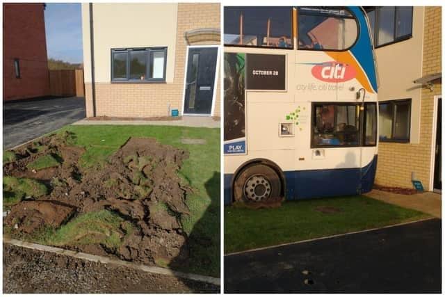 The moment a bus nearly crashed into a house on the estate in October. Pic: Michael McGourty