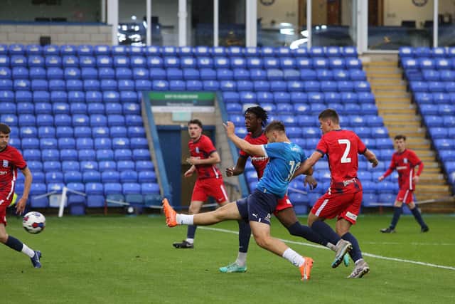 Tyler Winters scores for Posh v Birmingham City. Photo: Joe Dent/theposh.com.