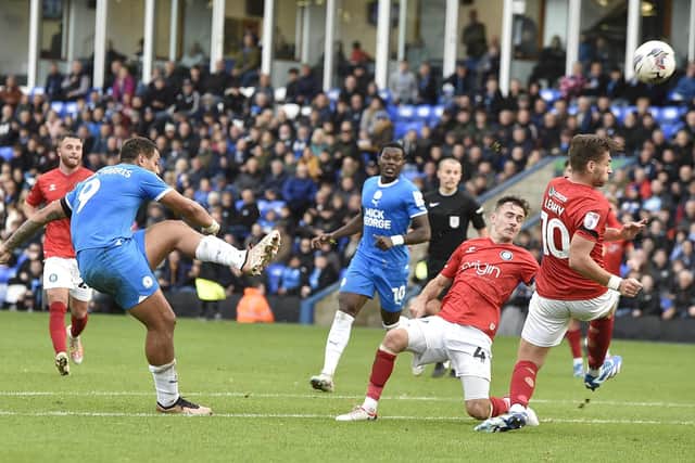 Posh striker Jonson Clarke-Harris shoots at goal in the game against Wycombe. Photo: David Lowndes.