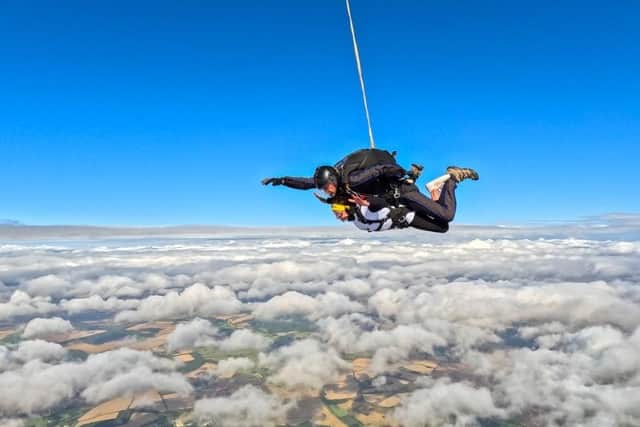 Shirley pictured high above the clouds in Peterborough.