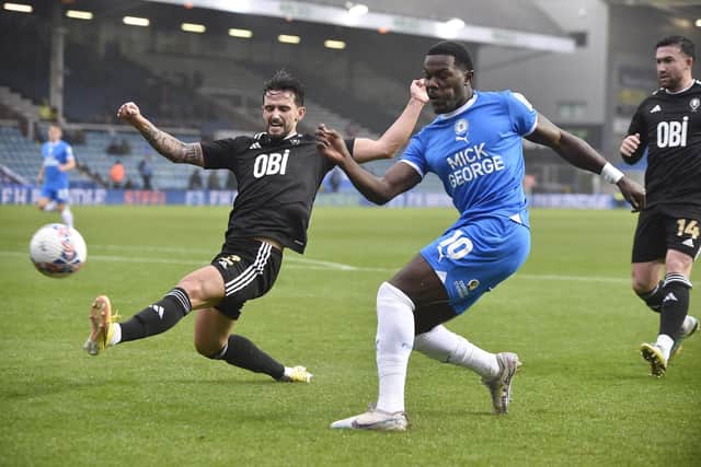 Ephron Mason-Clark in action for Posh against Salford. Photo: David Lowndes.
