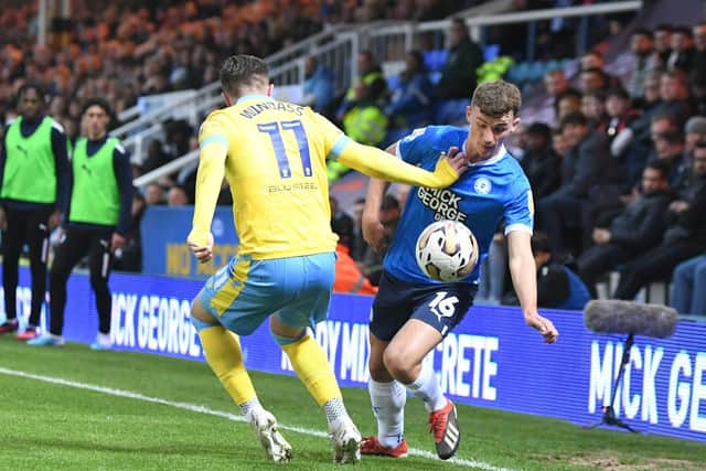 Harrison Burrows in action for Posh v Sheffield Wednesday in the first leg. Photo; David Lowndes.