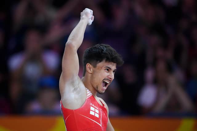 Jake Jarman celebrates his gold medal at the 2022 Commonwealth Games. Photo: Laurence Griffiths/Getty Images.