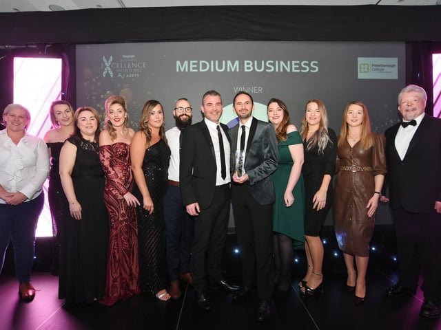 Medium Business of the Year sponsor Rachel Nicholls from Inspire with winners Rapidrop and Simon Weston