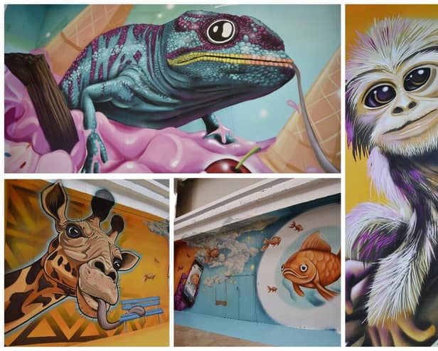 The murals created by Peterborough street artist Nathan Murdoch and designer Stuart Payn have created an impressive giant selfie board at an entrance to the city's Queensgate Shopping Centre.