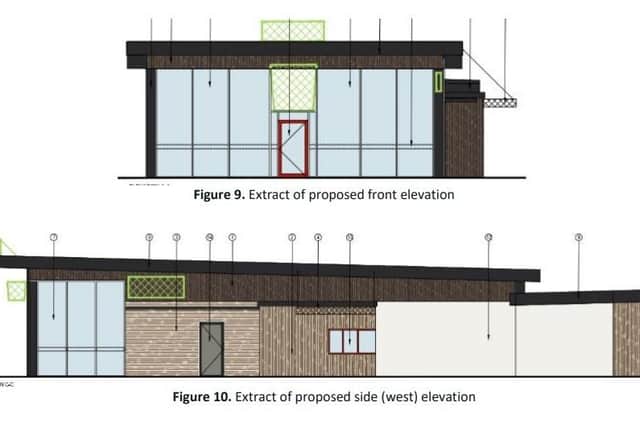 This images show the glazed frontage and the side elevation of the proposed KFC drive-thru at the Brotherhood Retail Park in Peterborough.