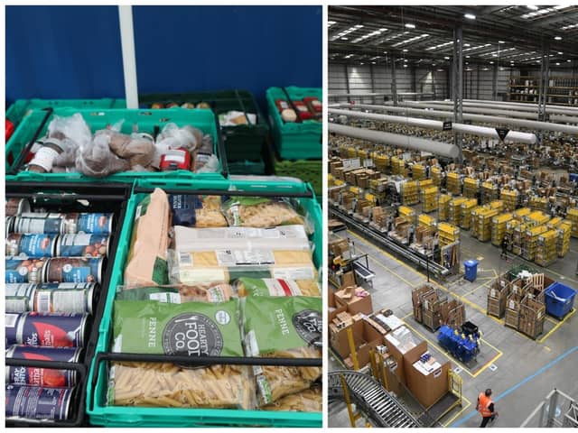Staff at internet retailer Amazon in Peterborough, right, have donated £1,000 to help the work of Peterborough Foodbank, left