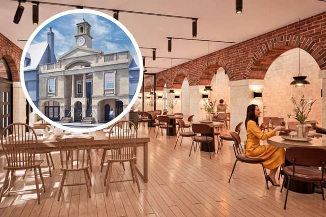 Main image: an artist's impression of the interior of the building, which is to become a community hub. Inset: How the exterior will look following reconstruction of its clock tower.