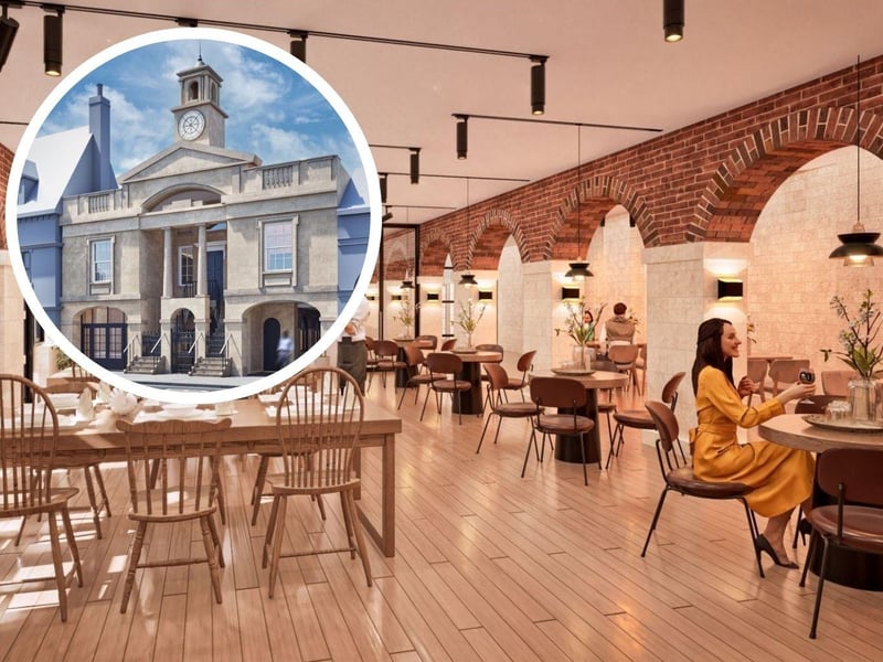 Main image: an artist's impression of the interior of the building, which is to become a community hub. Inset: How the exterior will look following reconstruction of its clock tower.