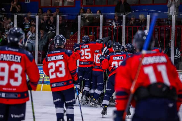 Phantoms celebrate their play-off win over Leeds Knights. Photo SBD Photography