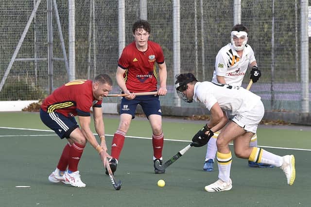 Gareth Andrew (left) battles for possession against Nottingham University. Photo: David Lowndes.