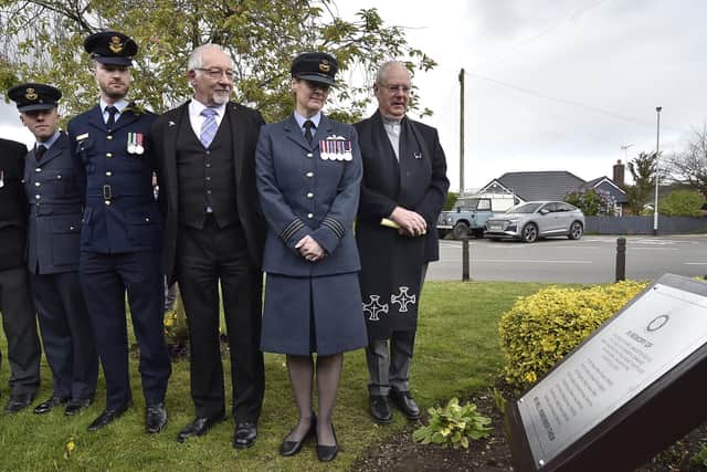 Revd Mike Jones, Sqn  Ldr Jane Mannering from 57 Sqn, Cllr Barry Wainwright, Flt Lt Adam Evans, Australian Defence Staff and Flying Officer Tom Longdon from 57 Sqn