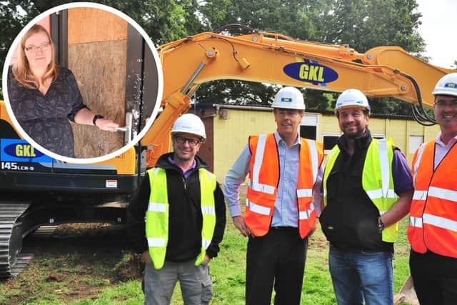 Nick Knowles (2nd from right) during the DIY SOS build at Little Miracles, and charity CEO Michelle King surveys the damage at the centre (inset)