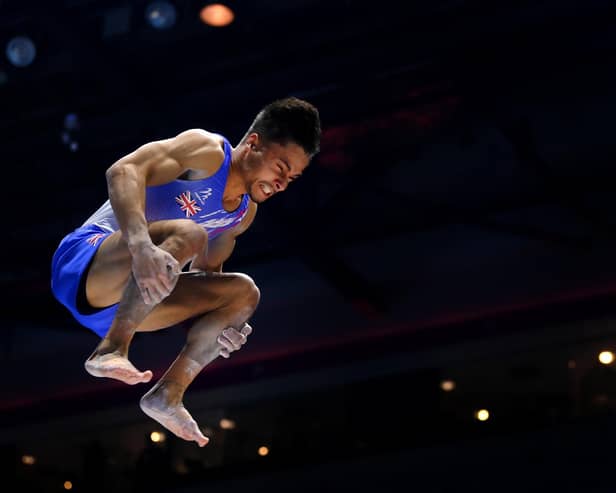 Jake Jarman in vault action. Photo by Laurence Griffiths/Getty Images.