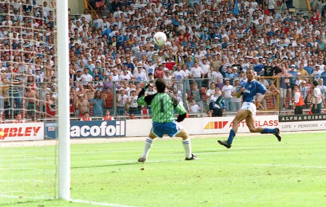 'King' Ken Charlery scores thelate winning goal for Posh at Wembley in 1992.
